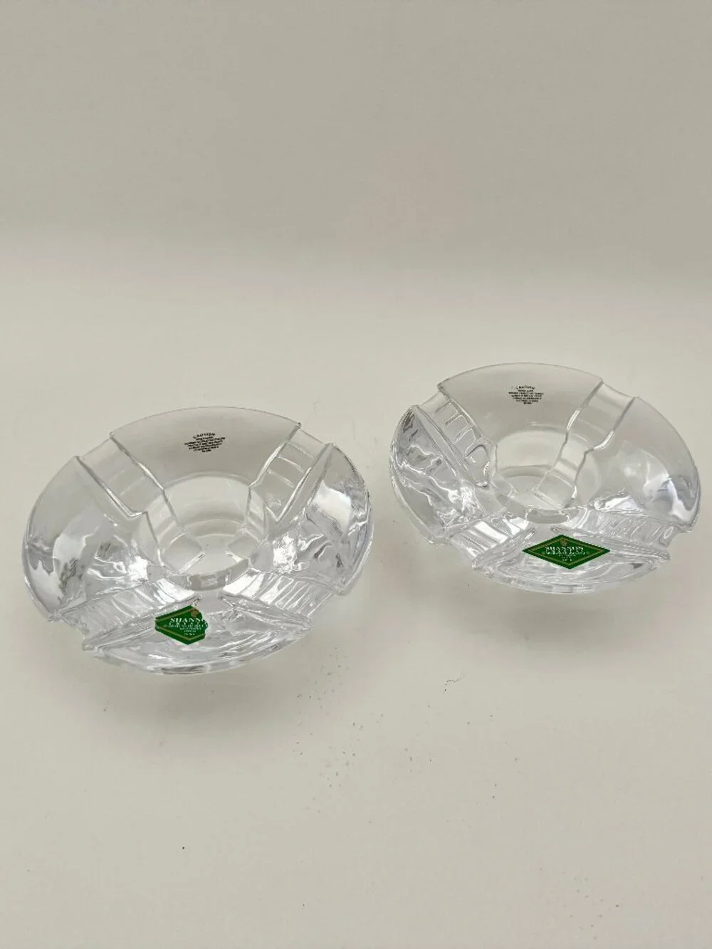 Vintage MCM Irish Shannon Crystal Clear Round Votive Candle Holder Pair, MINT